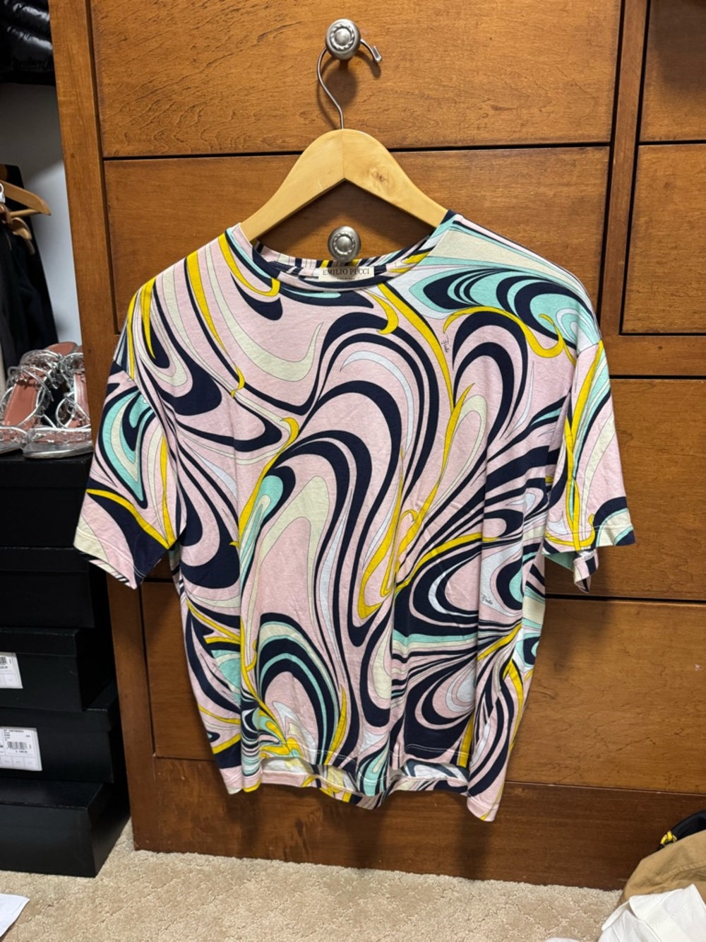 Emilio Pucci Short Sleeve Swirl Print Tee in Pink, Navy, Yellow, Mint